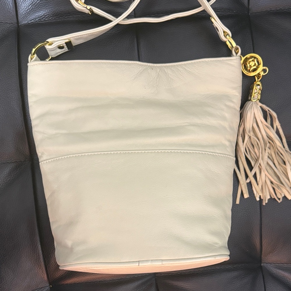 Paris Cream Leather Tassel Crossbody Bag with Gold Accents - Picture 5 of 14